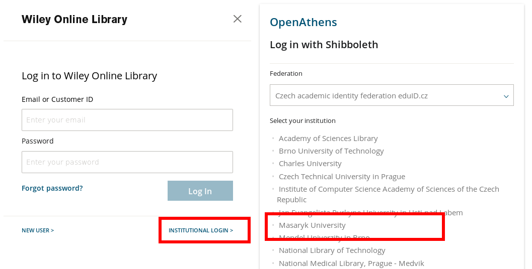 Wiley - odkaz na přihlášení přes Shibboleth